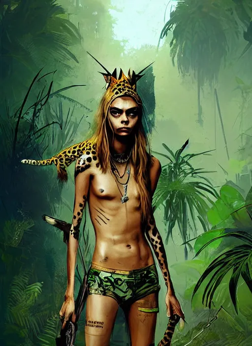 Image similar to cara delevingne as jungle queen, by ismail inceoglu