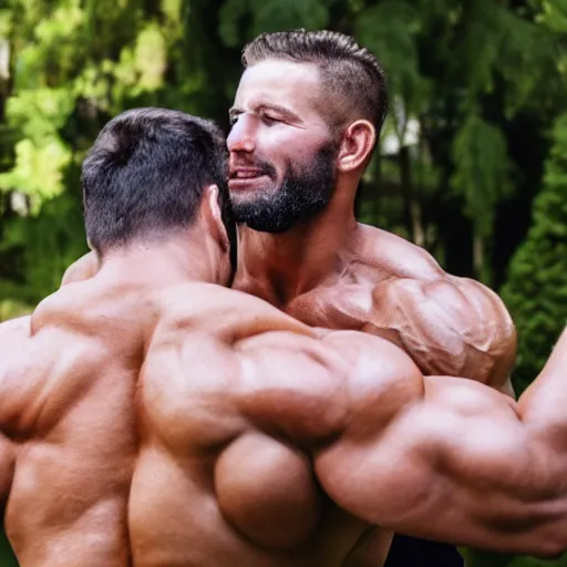 Prompt: two muscular men in embrace