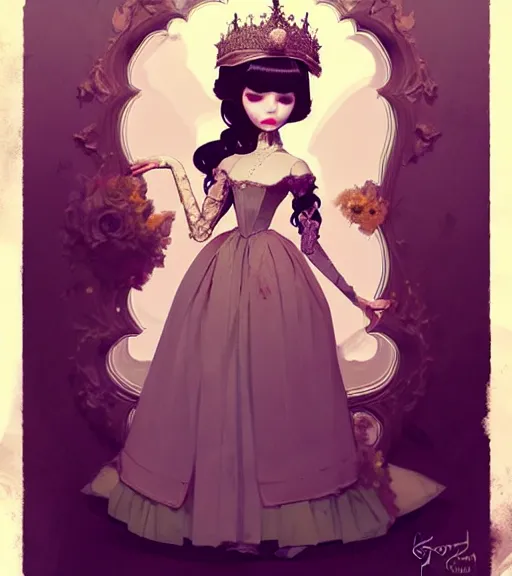 Image similar to portrait of a blythe doll in baroque dress design inspired by flower for fantasy world queen by atey ghailan, by greg rutkowski, by greg tocchini, by james gilleard, by joe fenton, by kaethe butcher, dynamic lighting