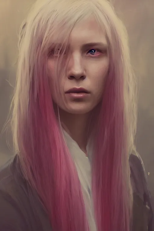 Image similar to a fancy portrait of a young women with long white hair and deep pink eyes by greg rutkowski, sung choi, mitchell mohrhauser, maciej kuciara, johnson ting, maxim verehin, peter konig, 8 k photorealistic, cinematic lighting, hd, high details, dramatic, atmosphereric, trending on artstation