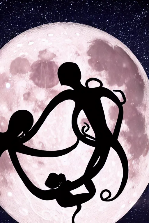 Prompt: the background is a huge moon. in the night environment, a man jumps into the air with a woman in his arms. in the middle of the moon are two figures in black silhouettes. at the bottom of the picture are some dancing octopus tentacles