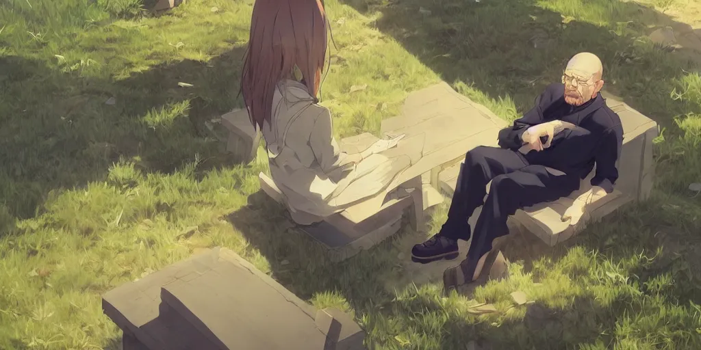 Image similar to walter white sitting down anime style, countryside, calm, fantasy character portrait, dark outlines, dynamic pose, above view, sunny day, artwork by makoto shinkai, very coherent asymmetrical artwork, sharp edges, perfect face, simple form, 1 0 0 mm, wallpaper