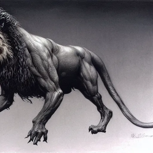 Image similar to griffon concept art, lion body, beksinski, wayne barlowe