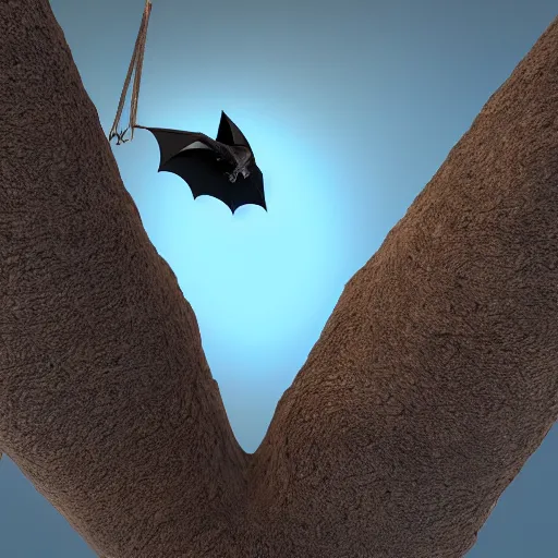 Prompt: a bat, hanging upside down from a tree ， digital art. unreal engine.