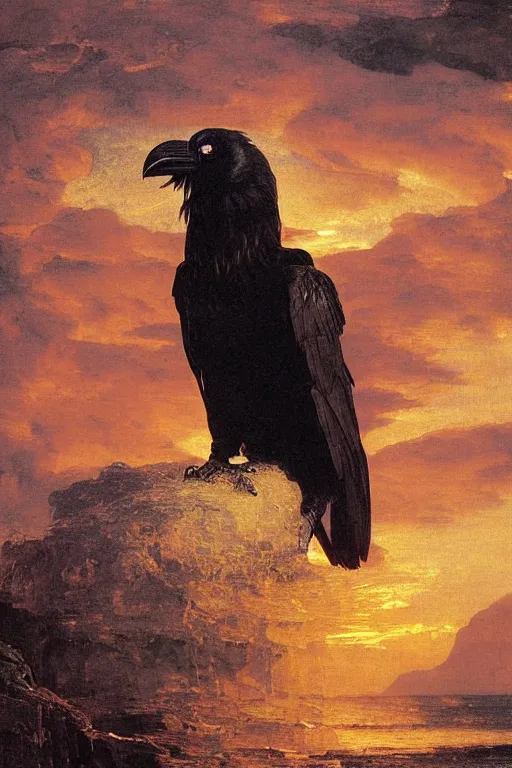 Image similar to a breathtakingly stunningly beautifully highly detailed extreme close up portrait of a majestic raven, a rock arch overhead framing top of shot, epic coves crashing waves plants, beautiful clear harmonious composition, dynamically shot, wonderful strikingly vivid orange beautiful dynamic sunset with epic clouds, detailed organic textures, by frederic leighton and rosetti and turner and eugene von guerard, 4 k