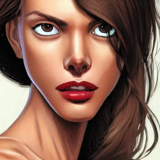Prompt: a tall, tan skinned woman with sunken, dark brown eyes, defined cheekbones and a large nose. she has lank, brown hair, wears reddish lipstick, and she has a crooked smile. detailed face, smooth, sharp focus, graphic novel, by artgerm and greg rutkowski and pepe larraz