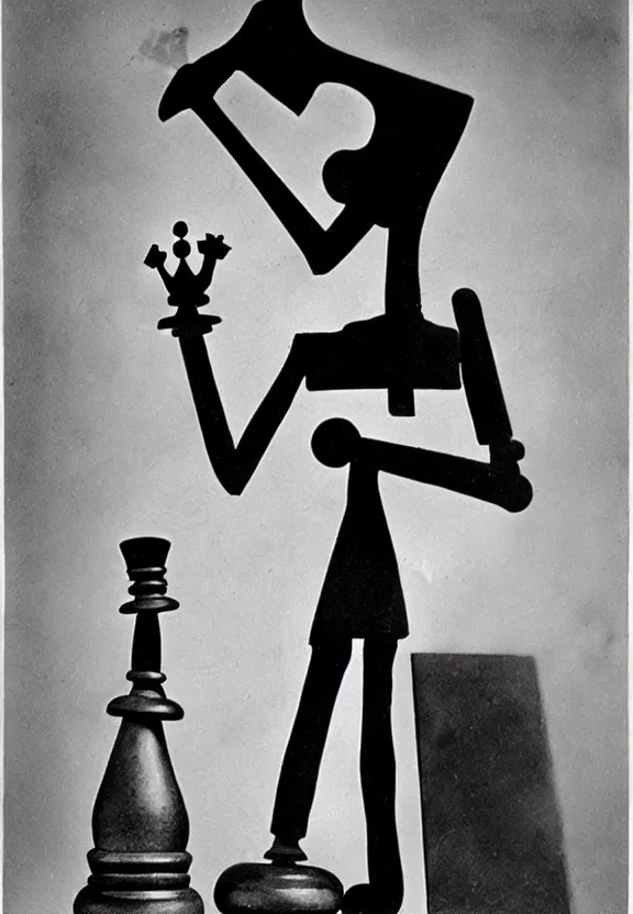 Image similar to a man holding up a single chess piece, a surrealist painting by marcel duchamp, complex artificial intelligence machinery, flickr contest winner, stuckism, surrealist, studio portrait, 1 9 2 0 s