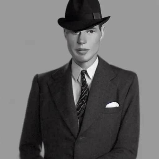 Image similar to A photograph portrait of Jerma985 wearing a suit with and fedora in the 1940s, taken in the early 1940s, grainy, taken on a 940s Kodak Camera, realistic, hyperrealistic, very realistic, highly detailed, very detailed, extremely detailed, detailed, digital art, trending on artstation