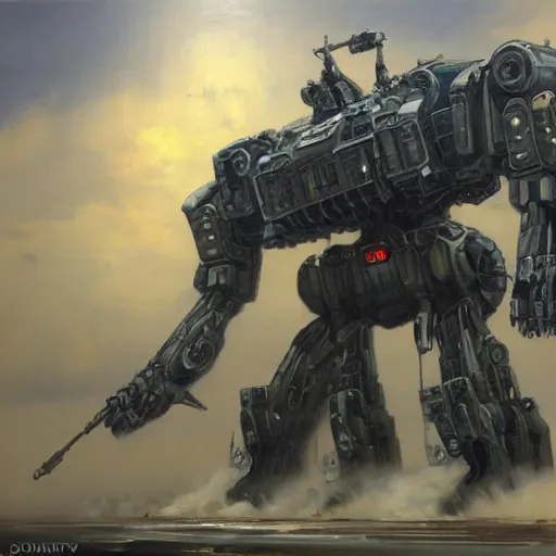 Image similar to oil painting of a huge military mech, sleek, elegant, anime style, highly detailed, complex, intricate by james gurney