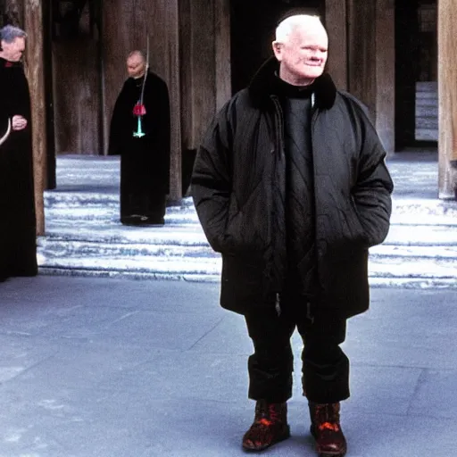 Image similar to john paul ii standing in church in a black puffed nuptse, black cargo pants and high black boots