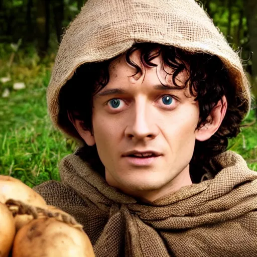 Image similar to frodo from lord of the rings in a burlap sack of potatoes, photography, realistic, mid shot, in his hobbit home