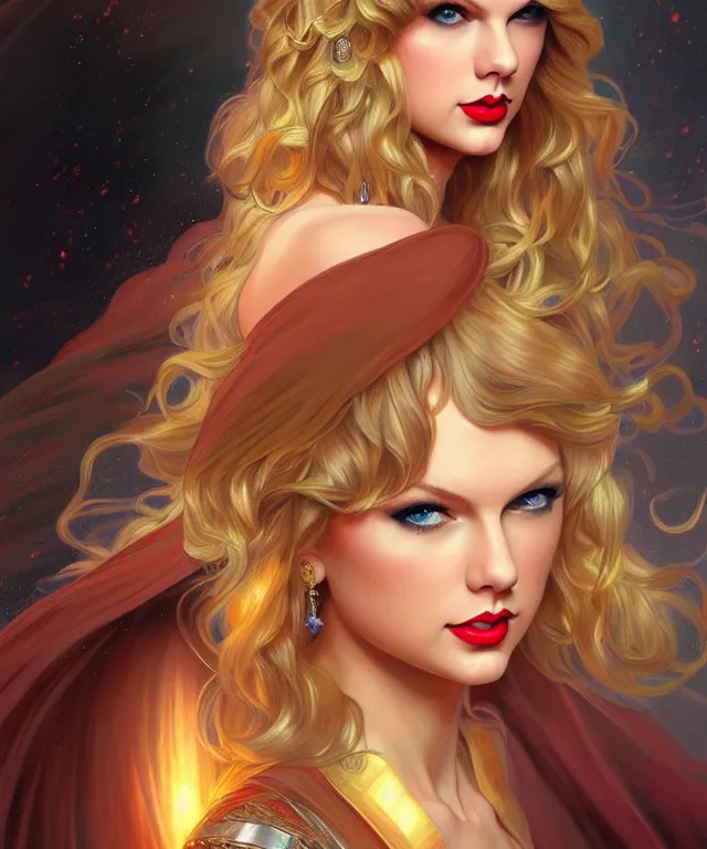 Image similar to Taylor Swift as a fantasy magic woman portrait, sci-fi, amber eyes, face, long hair, fantasy, intricate, elegant, highly detailed, digital painting, artstation, concept art, smooth, sharp focus, illustration, art by artgerm and greg rutkowski and alphonse mucha