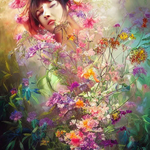 Prompt: a bouquet of ethereal big colorful transparent entangled flowers in the white comicy smoke, wild foliage, vivid, detailed painting, by Ross Tran, WLOP, artgerm and James Jean, masterpiece, award winning painting