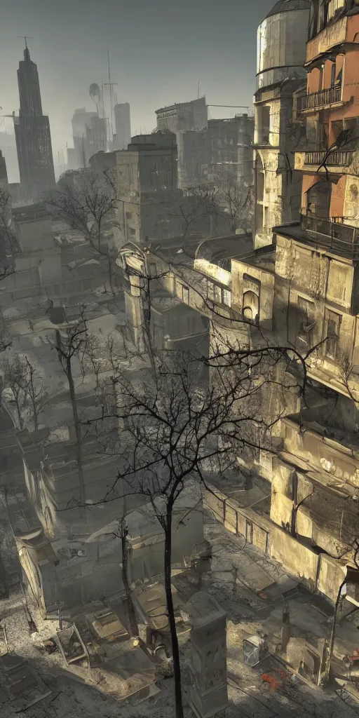 Image similar to half - life 2, city 1 7, eastern europe city, post ussr, citadel in view, extra long shot