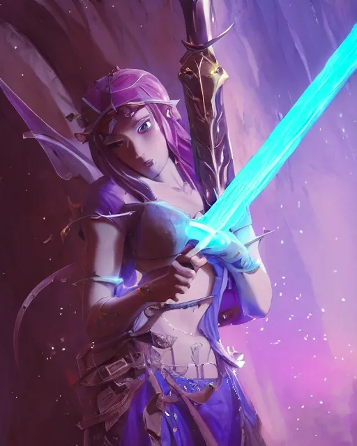 Image similar to a female warrior holding one single blue glowing sword walking in a cake full of purple glowing crystals. Atmospheric lighting, adventurous, elven. By Makoto Shinkai, Stanley Artgerm Lau, WLOP, Rossdraws, James Jean, Andrei Riabovitchev, Marc Simonetti, krenz cushart, Sakimichan, trending on ArtStation, digital art.