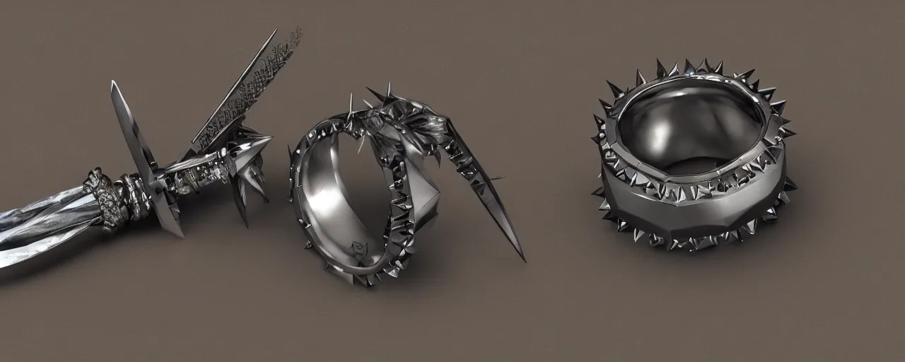 Image similar to tungsten ring with spikes, ring, steel, sword, crystals, smooth shank, engravings, product design, jewelry, art by gerald brom, greg rutkowski and artgerm and james jean and zdzisław beksinski, 8 k, unreal engine, c 4 d