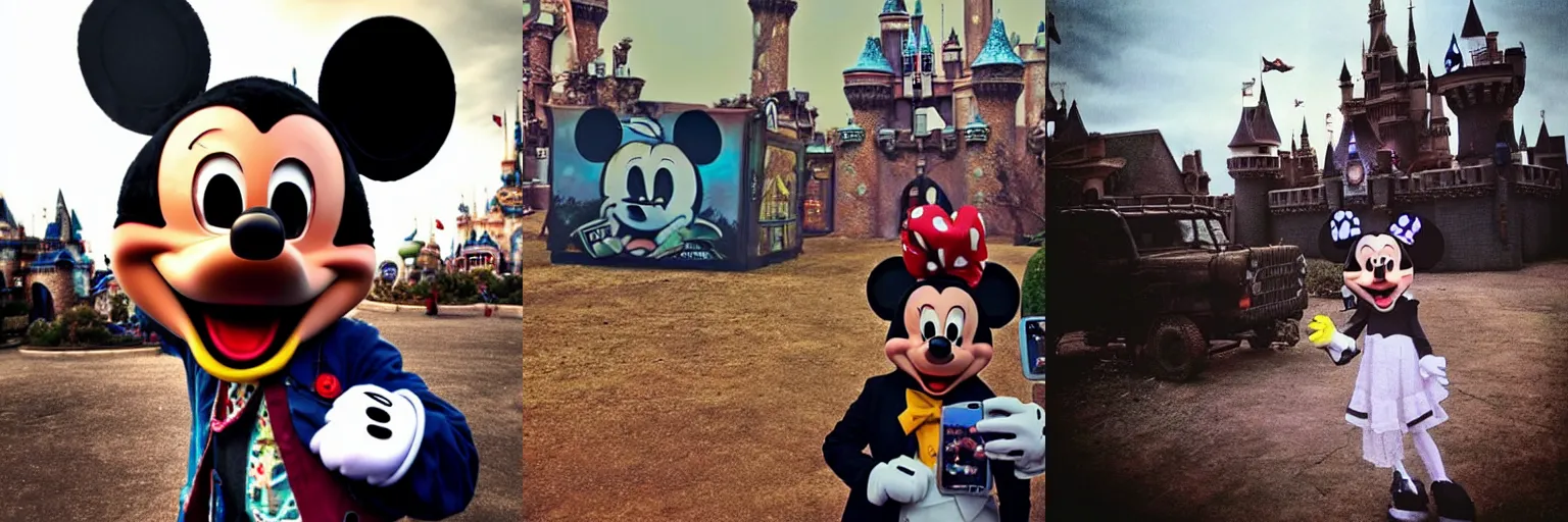 Prompt: A selfie, taken by Mickey Mouse in a post apocalyptic disney-land. Creepy.