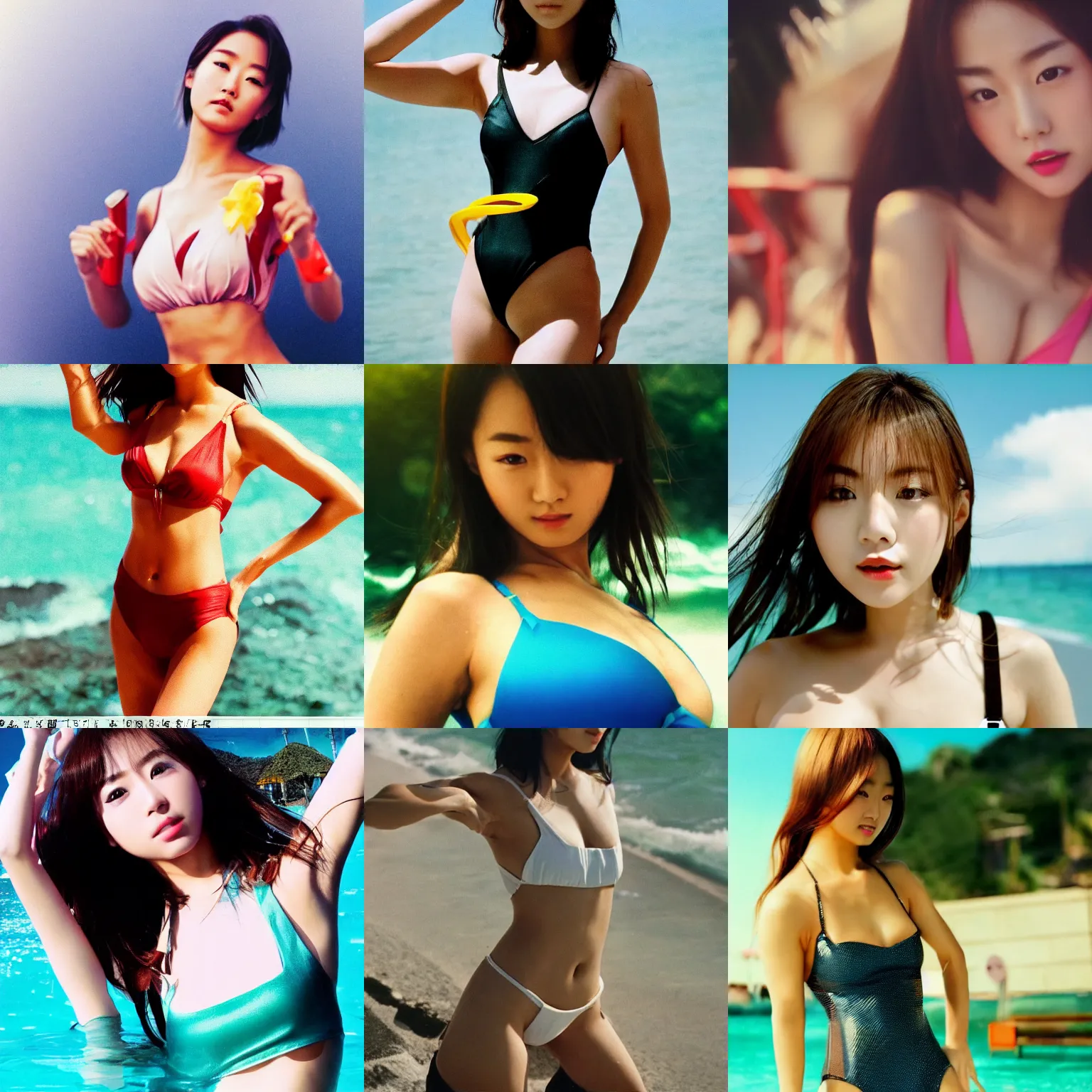 Image similar to Worksafe,8K HD incredible dynamic movie shot,very close-up young beautiful gorgeous cute Japanese actress supermodel J-Pop AV idol girl posing in swimsuit, motion.High budget Hollywood movie.At Behance and Instagram,taken with polaroid kodak portra.Photoshop,Adobe After Effects