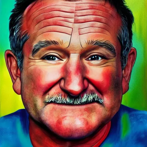 Prompt: portrait painting of robin williams, he is wearing a rainbow colored pullover