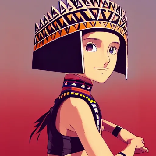 Image similar to beautiful boyish natalie portman alluring gravure model, wearing aztec wooden mask helmet cap and leotard, elegant bulky aztec football gear subtle mayan patterns, elegant aztec bathing suit, gapmoe yandere grimdark, trending on pixiv fanbox, painted by greg rutkowski makoto shinkai takashi takeuchi studio ghibli, akihiko yoshida