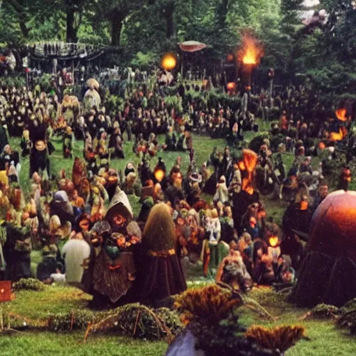 Prompt: a beatiful dwarven festival in 1974 in a fertile green park with surreal elven nature, a gnome rock band concert and dwarven BBQ