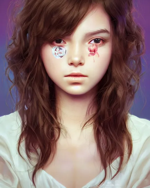 Image similar to portrait of 1 5 - year old girl with lush frizzy untamable brown hair, large front teeth, and bright piercing brown eyes, hyper realistic face, beautiful eyes, character art, art by artgerm lau and wlop and and ilya kuvshinov and john singer sargent, hyperdetailed, cryengine, trending on artstation, wizard, digital art