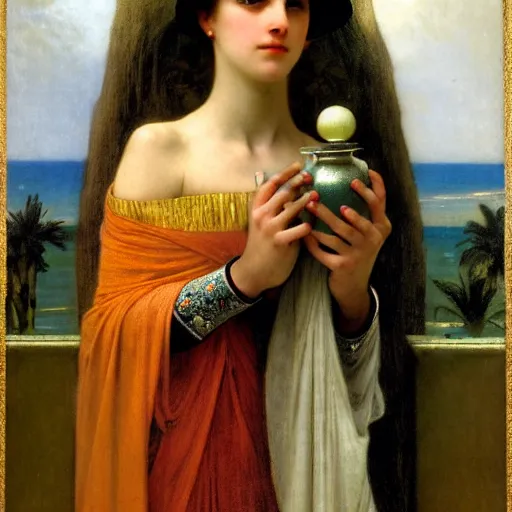 Image similar to Girl with a blood chalice at the palace, thunderstorm, pool, beach and palm trees on the background major arcana sky, by paul delaroche, alphonse mucha and arnold böcklin arnold böcklin hyperrealistic 8k, very detailed