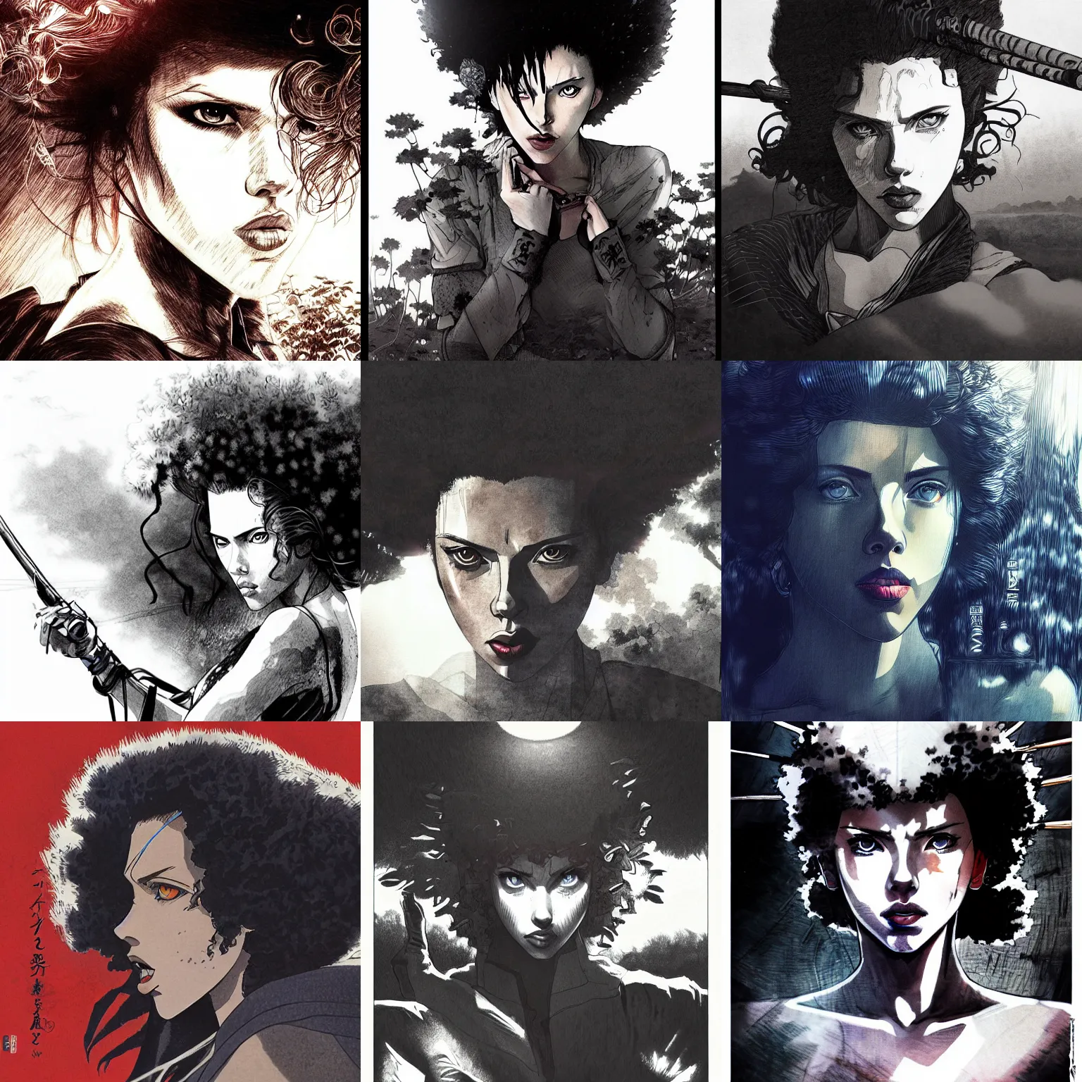 Prompt: scarlett johansson with blue eyes as afro samurai in beautiful japanese landscape, dynamic wide angle lens, manga style, greg rutkowski, pencil and ink, dramatic lighting
