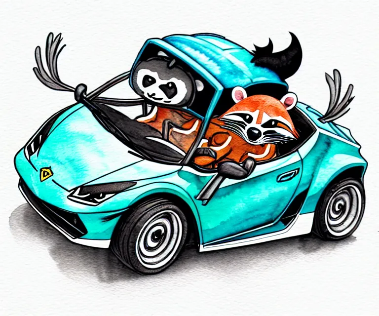 Image similar to cute and funny, racoon wearing a helmet riding in a tiny 2 0 2 0 lamborghini huracan sto, ratfink style by ed roth, centered award winning watercolor pen illustration, isometric illustration by chihiro iwasaki, edited by range murata