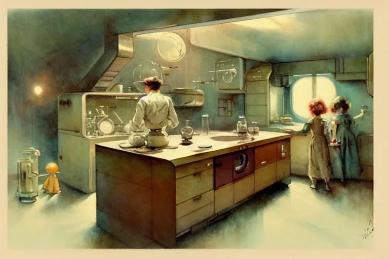 Image similar to ( ( ( ( ( 1 9 5 0 s retro science fiction kitchen interior scene. muted colors. ) ) ) ) ) by jean - baptiste monge!!!!!!!!!!!!!!!!!!!!!!!!!!!!!!