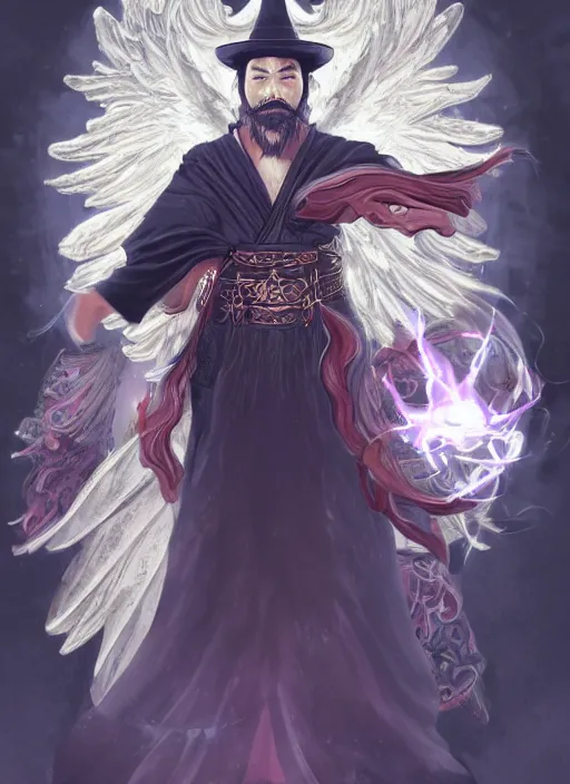 Image similar to a highly detailed illustration of mustached japanese man as wizard wearing ornate black robe and mage hat, dramatic floating pose, with divine guardian angel floating behind him, perfect face, intricate, elegant, highly detailed, centered, digital painting, artstation, concept art, smooth, sharp focus, league of legends concept art, WLOP