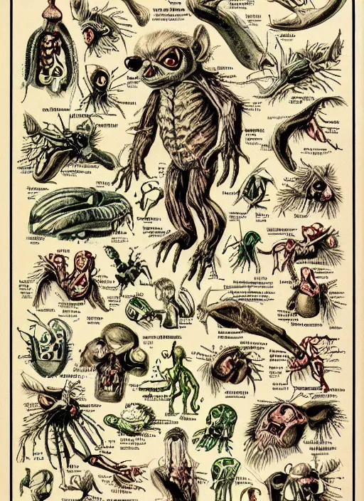 Prompt: vintage medical anatomical illustration of gremlins ( 1 9 8 4 ), highly detailed, labels, intricate writing