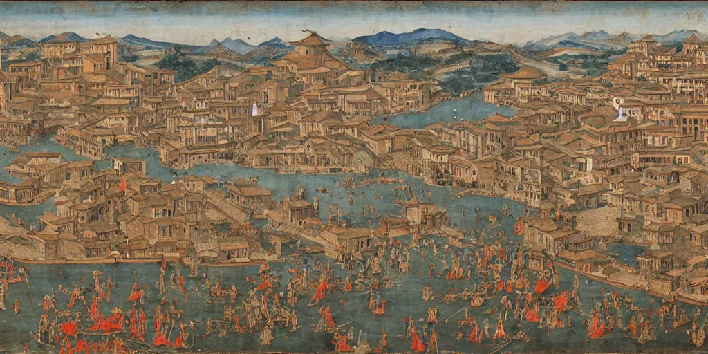 Image similar to A huge ancient Chinese port city, oil paintings, late medieval art, 13th century paintings, Siena school, Giotto, Marco Polo, highly detailed and impressive, 8k