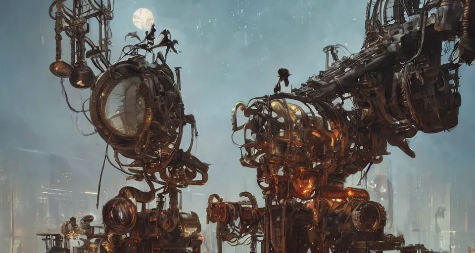 Image similar to a highly detailed epic cinematic concept art CG render digital painting artwork scene: retrofuturistic 1920s cyberpunk steampunk combustion engine forcibly sewn to a man's back. By Greg Rutkowski, Ilya Kuvshinov, WLOP, Stanley Artgerm Lau, Ruan Jia and Fenghua Zhong, trending on ArtStation, made in Maya, Blender and Photoshop, octane render, excellent composition, cinematic dystopian brutalist atmosphere, dynamic dramatic cinematic lighting, aesthetic, very inspirational, arthouse