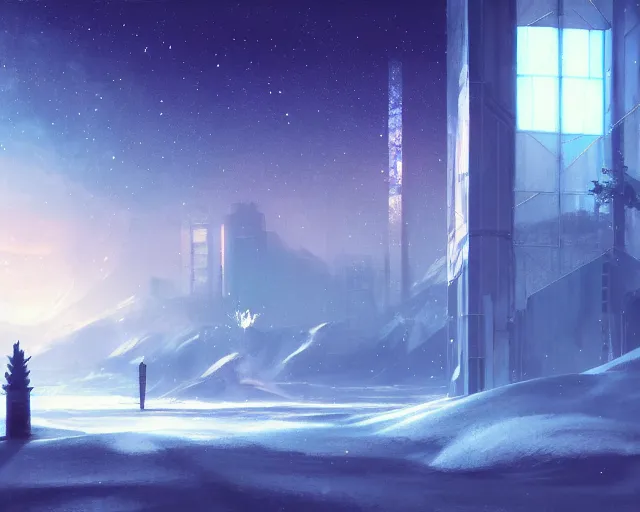 Image similar to scenery artwork, scene beautiful, light!! light essential futuristic winter world snow and night, surrealism oil on canvas, artstation!! pixiv!! dream scenery, quality astral projection render, nier automata concept art, vaporwave textures