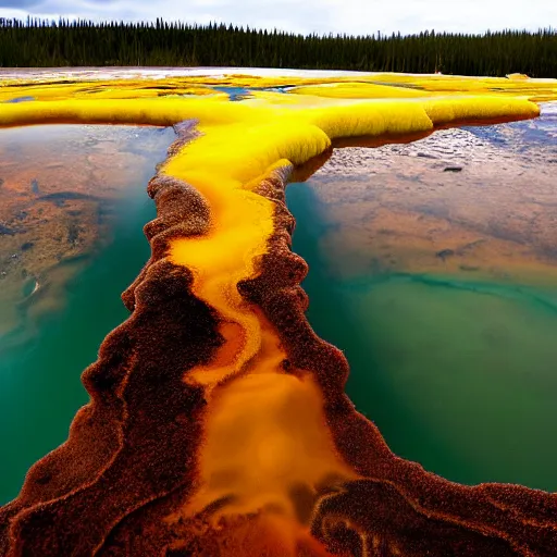 Image similar to a yellow and brown bacterial mat at a yellowstone hotspring, macro photography, extremely detailed