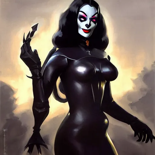 Image similar to greg manchess portrait painting of armored morticia from addams family as overwatch character, medium shot, asymmetrical, profile picture, organic painting, sunny day, matte painting, bold shapes, hard edges, street art, trending on artstation, by huang guangjian and gil elvgren and greg rutkowski