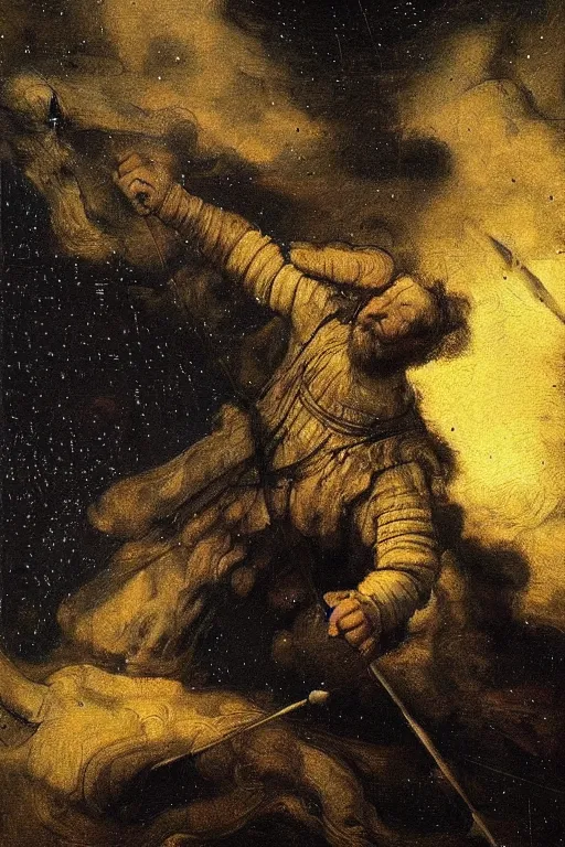 Prompt: a portrait of john of the black bands facing the death, soft painting, constellations and nebulae in the background, rembrandt style, elegant, highly detailed, sharp focus,