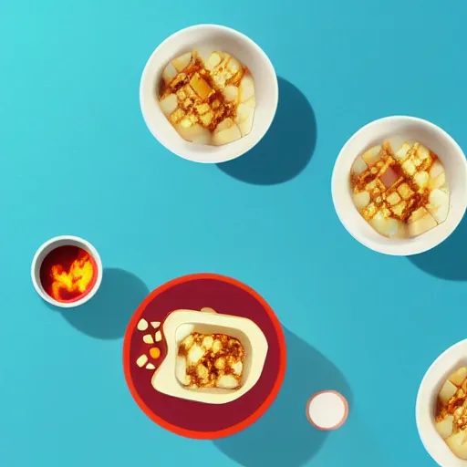 Prompt: mapo tofu as cartoon, hyperpop aesthetics on the background, minimal, sweet color scheme, as an adventure time cartoon