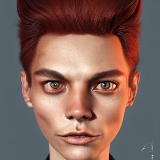 Prompt: portrait of a beautiful nonbinary model with tan skin and messy short red hair wearing a men's suit, pointed ears and copper eyes, cat-like, by Gerald Brom and Ross Tran, hyper-realistic, soft lighting, 4K, trending on artstation