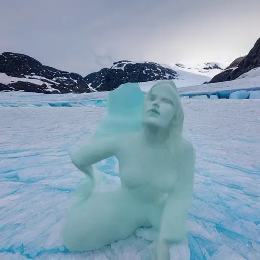 Prompt: woman statue made of ice on the glacier in norway mountain,