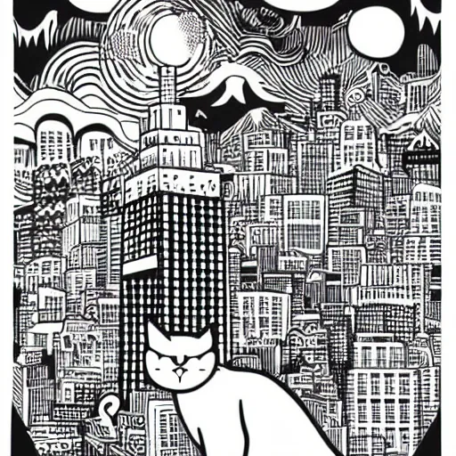 Prompt: mcbess illustration of a giant evil cat attacking tokyo