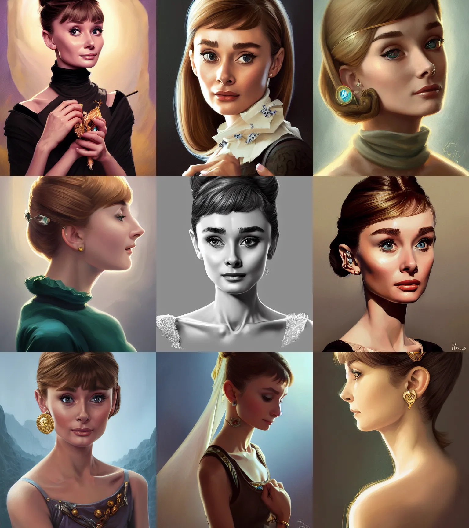 Prompt: emotional portrait of young blondie audrey hepburn, deep focus, d & d, fantasy, intricate, elegant, highly detailed, digital painting, artstation, concept art, matte, sharp focus, illustration, hearthstone, art by rhads, artgerm and greg rutkowski and alphonse mucha