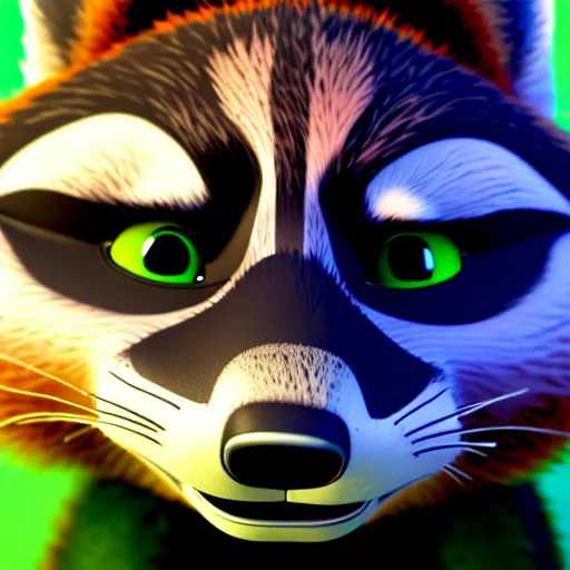 Image similar to a stoner with a black hoodie on with a marijuana themed dark green raccoon head from zootopia, 3 d, blender 3 d, render, extremely detailed, 8 k, stoned red eyes