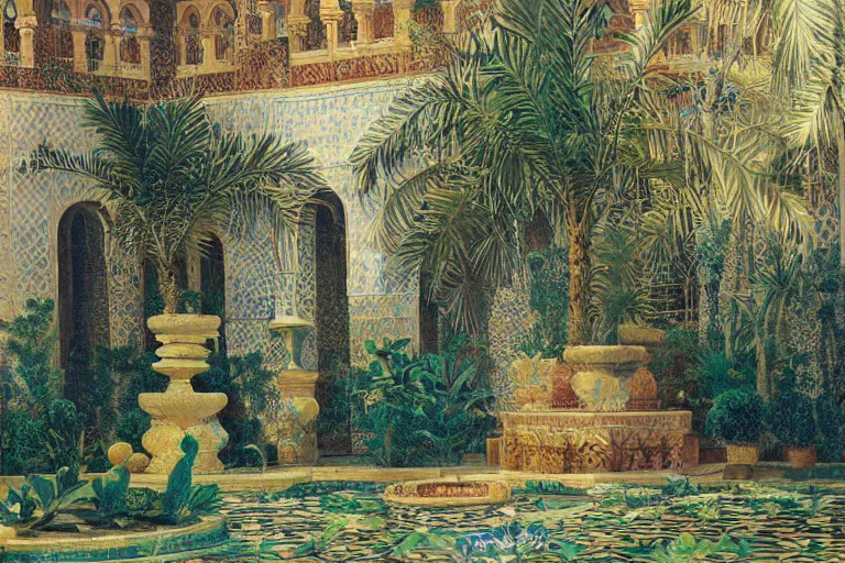 Image similar to painting of a beautiful moorish palace courtyard garden, by rudolf ernst and maxfield parrish and arkady rylov, patterned tilework, palm trees, tiled fountains, extremely detailed, cinematic lighting, smooth sharp focus