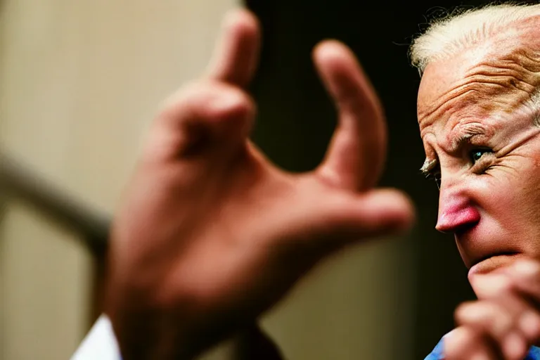 Image similar to closeup potrait of angry joe biden holding fist up at camera, screen light, sharp, detailed face, magazine, press, photo, Steve McCurry, David Lazar, Canon, Nikon, focus