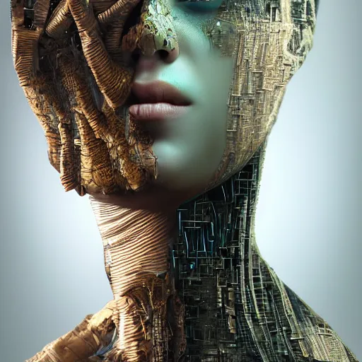 Image similar to Subsequent layers peeling back to reveal a woman's cybernetic skin, digital art extreme detail, octane render, 8k, by Dave McKean and artgerm and Ilya Repin