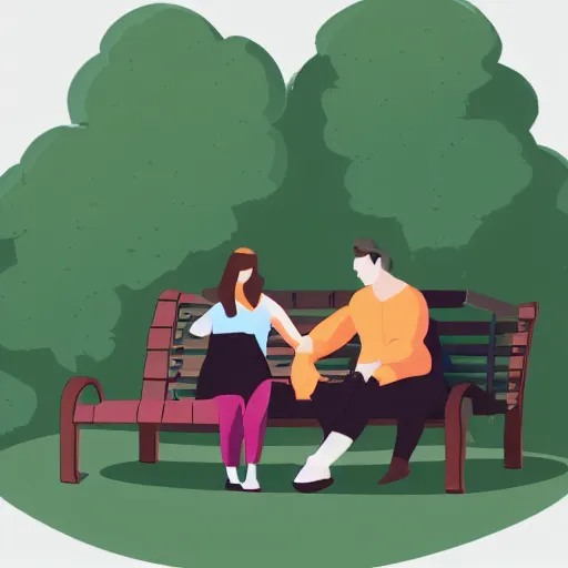 Prompt: a couple sitting on a park bench, isometric