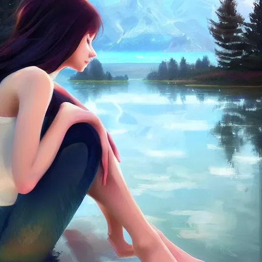 Prompt: woman sitting with her feet in a lake, beautiful and relaxing, very very very long hair, Makoto Shinkai ilya kuvshinov and Wojtek Fus