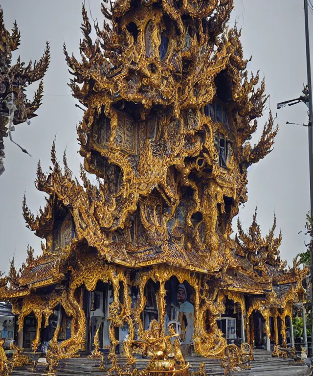 Image similar to a streeet view of wat rong khun temple!! by charlie bowater and art germ, rule of thirds, golden ratio, art nouveau! cyberpunk! style, mechanical accents!, mecha plate armor, glowing leds, flowing wires with leaves, art nouveau accents, art nouveau patterns and geometry, rich deep moody colors